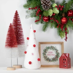 Best Plush Christmas Cone Tree with Pompom Ornaments - 11" - White and Red Trees