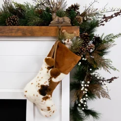Outlet Plush Cowhide Inspired Christmas Stocking with Pom Poms - 20.5" - Brown Stockings