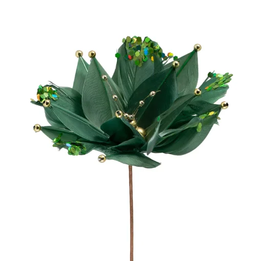 New Poinsettia with Feather Petals Artificial Christmas Pick - 13.75" - Green Sprays, Picks & Branches