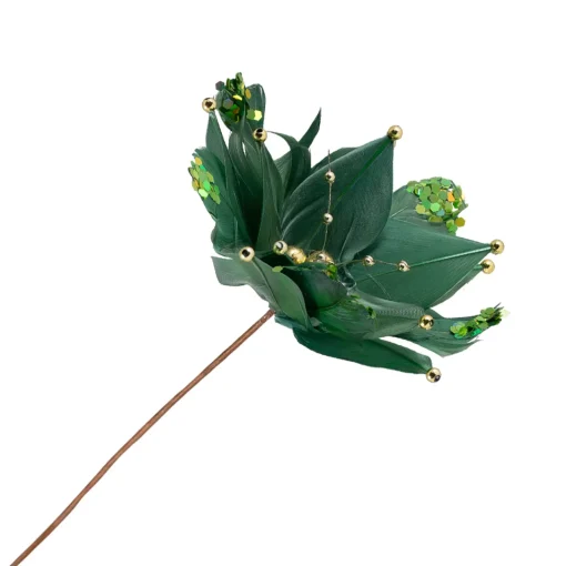 New Poinsettia with Feather Petals Artificial Christmas Pick - 13.75" - Green Sprays, Picks & Branches