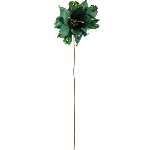 New Poinsettia with Feather Petals Artificial Christmas Pick - 13.75" - Green Sprays, Picks & Branches