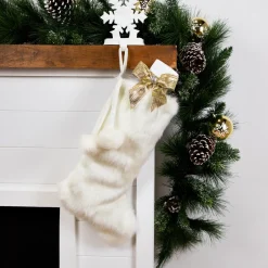 Discount Polar Bear Faux Fur Christmas Stocking with Pom Poms - 20.5" - White Stockings