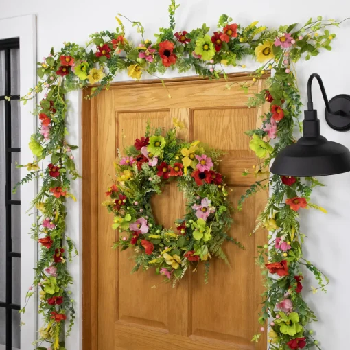 Sale Poppy and Eucalyptus Spring Wreath - 26" - Red and Yellow Unlit