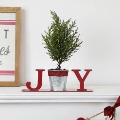 Sale Potted Faux Pine in Metal "JOY" Planter Christmas Decoration - 10" - Red Wall