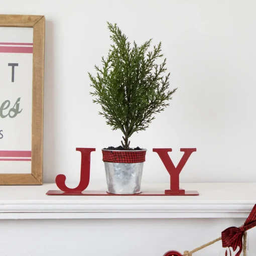 Sale Potted Faux Pine in Metal "JOY" Planter Christmas Decoration - 10" - Red Wall