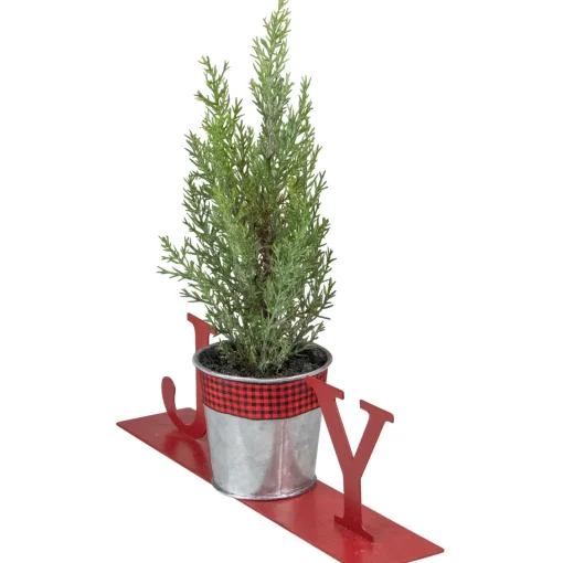 Sale Potted Faux Pine in Metal "JOY" Planter Christmas Decoration - 10" - Red Wall
