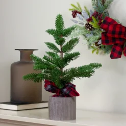 Online Potted Pine Medium Artificial Christmas Tree with Plaid Skirt - 1.3' - Unlit Potted