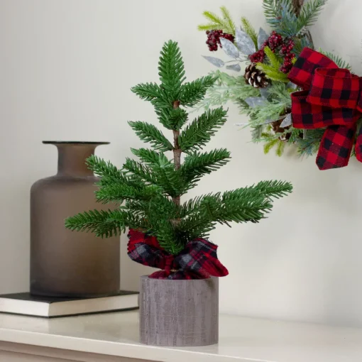 Online Potted Pine Medium Artificial Christmas Tree with Plaid Skirt - 1.3' - Unlit Potted