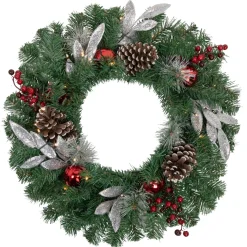 Best Pre-Lit Battery Operated Frosted Pine Cone and Berries Christmas Wreath - 24" - White LED Lights Pre Decorated
