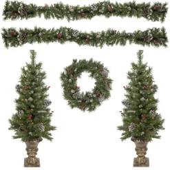 Sale Pre-Lit Battery Operated Frosted Verona Berry Pine Artificial Christmas Set - 5-Piece - Clear Lights Pre-Lit