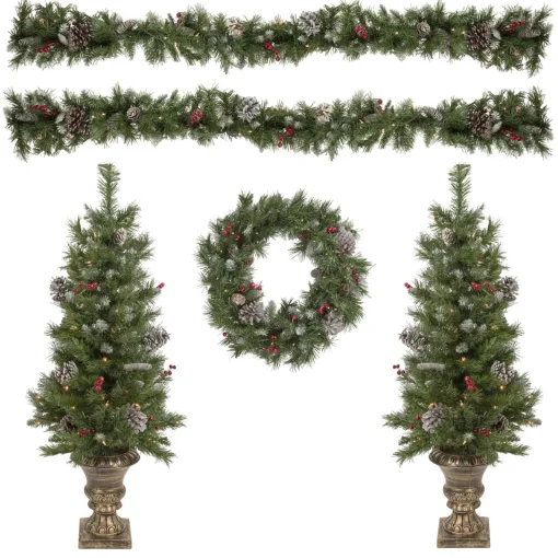 Sale Pre-Lit Battery Operated Frosted Verona Berry Pine Artificial Christmas Set - 5-Piece - Clear Lights Pre-Lit