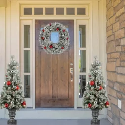 Clearance Pre-Lit Battery Operated Snowy Bristle Pine Christmas Wreath - 24" - Dual Color LED Lights Pre Lit