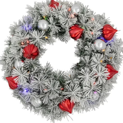Clearance Pre-Lit Battery Operated Snowy Bristle Pine Christmas Wreath - 24" - Dual Color LED Lights Pre Lit