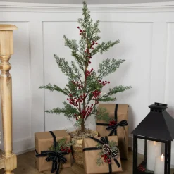 Hot Pre-Lit Berries and Pine Artificial Potted Christmas Tree - 3' - Warm White LED Lights Potted