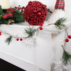Best Pre-Lit B/O Pine, Berry and Snowflake Christmas Garland - 6' - Warm White LED Lights Pre Lit