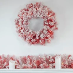 Best Pre-Lit Flocked Red Artificial Christmas Wreath, 24-Inch, Clear Lights Colorful
