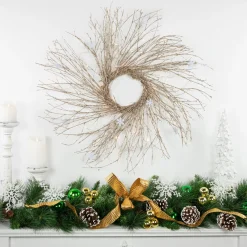 Clearance Pre-lit Glittered Twig and Snowflake Christmas Wreath - 28" - Warm White LED Lights Pre Lit