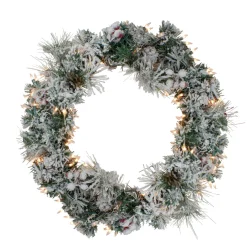 Outlet Pre-lit Heavily Flocked Pine Artificial Christmas Wreath - 24" - Clear Lights Pre Lit