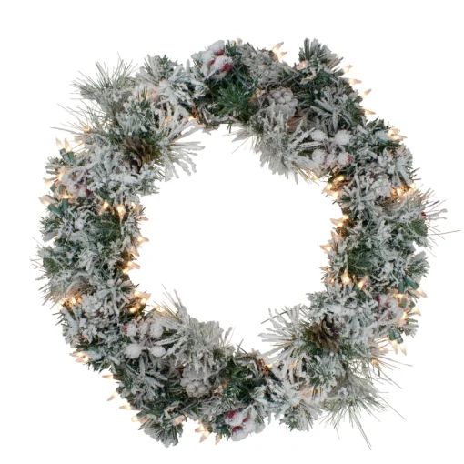 Outlet Pre-lit Heavily Flocked Pine Artificial Christmas Wreath - 24" - Clear Lights Pre Lit
