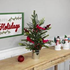 Pre-Lit LED Mixed Pine Potted Christmas Tree with Berries and Cardinals - 2' - Warm White Lights Potted