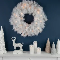 Clearance Pre-Lit White Alaskan Pine Artificial Christmas Wreath, 24-Inch, Warm White LED Lights Colorful