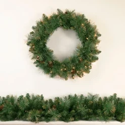 Pre-Lit Yorkshire Pine Artificial Christmas Wreath, 24-Inch, Clear Lights Pre Lit