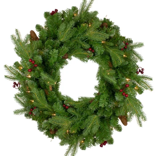 Outlet Real Touch™? Pre-Lit Mixed Winter Berry Pine Artificial Christmas Wreath - 24" - Clear Lights Pre Lit