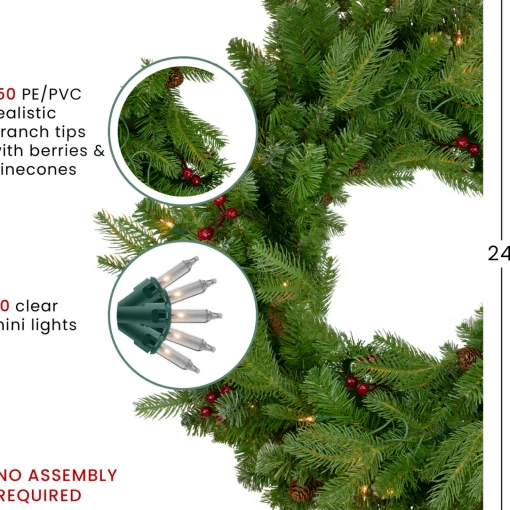 Outlet Real Touch™? Pre-Lit Mixed Winter Berry Pine Artificial Christmas Wreath - 24" - Clear Lights Pre Lit