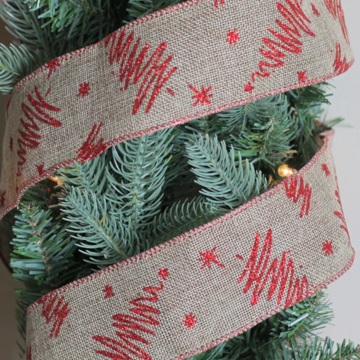 Sale Red and Beige Christmas Tree Wired Craft Ribbon 2.5" x 10 Yards Ribbons & Bows