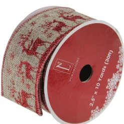 Sale Red and Beige Reindeer Burlap Wired Christmas Craft Ribbon 2.5" x 10 Yards Ribbons & Bows