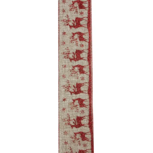 Sale Red and Beige Reindeer Burlap Wired Christmas Craft Ribbon 2.5" x 10 Yards Ribbons & Bows