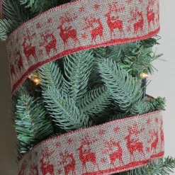 Sale Red and Beige Reindeer Burlap Wired Christmas Craft Ribbon 2.5