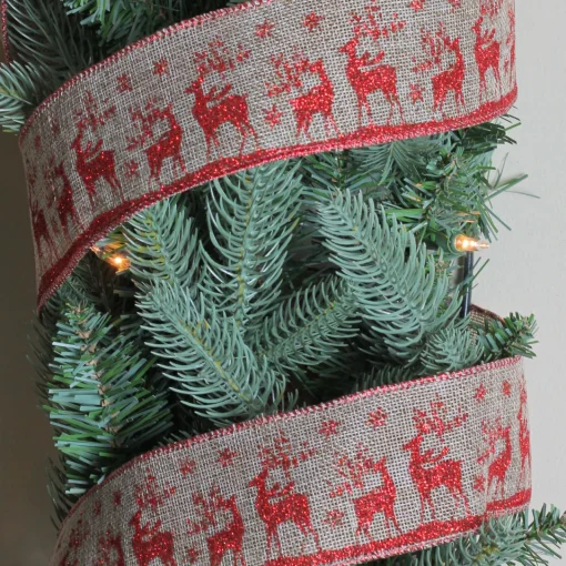 Sale Red and Beige Reindeer Burlap Wired Christmas Craft Ribbon 2.5" x 10 Yards Ribbons & Bows