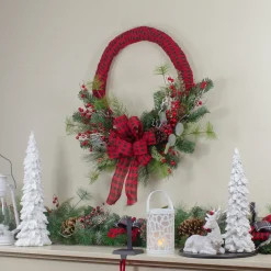 Discount Red and Black Buffalo Plaid and Berry Artificial Christmas Wreath - 24-Inch, Unlit Pre Decorated
