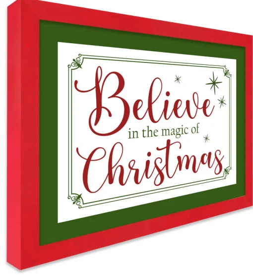 Red and Green Believe in the Magic of Christmas 12.5" x 16.5" Framed Christmas Wall Decor Sign Poster in a Natural Wooden Frame with UV Acrylic Wall