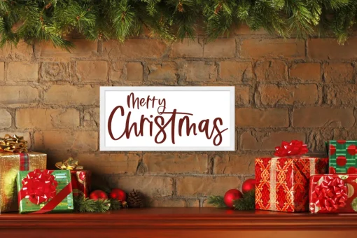 Outlet Red and White Merry Christmas 9.5" x 18.5" Framed Christmas Wall Decor Art Print Sign Poster in a Natural Wooden Frame with UV Acrylic and Hangers Wall
