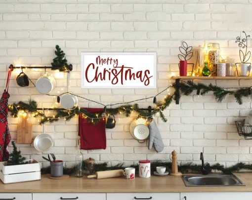 Outlet Red and White Merry Christmas 9.5" x 18.5" Framed Christmas Wall Decor Art Print Sign Poster in a Natural Wooden Frame with UV Acrylic and Hangers Wall