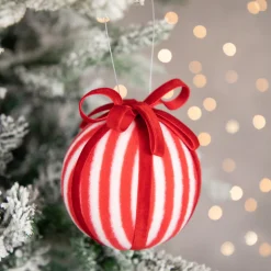 Red and White Striped Candy Cane Christmas Ball Ornament 4" (100mm) Glass|Ball Ornaments