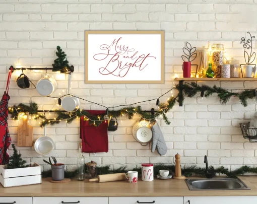 New Red Merry and Bright 15.5" x 21.5" Framed Christmas Wall Decor Art Print Sign Poster in a Natural Wooden Frame with UV Acrylic and Hangers Wall
