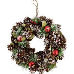 Discount Red Ornament with Frosted Pinecone and Pine Needle Christmas Wreath, 13.5-Inch, Unlit Unlit
