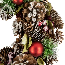 Discount Red Ornament with Frosted Pinecone and Pine Needle Christmas Wreath, 13.5-Inch, Unlit Unlit