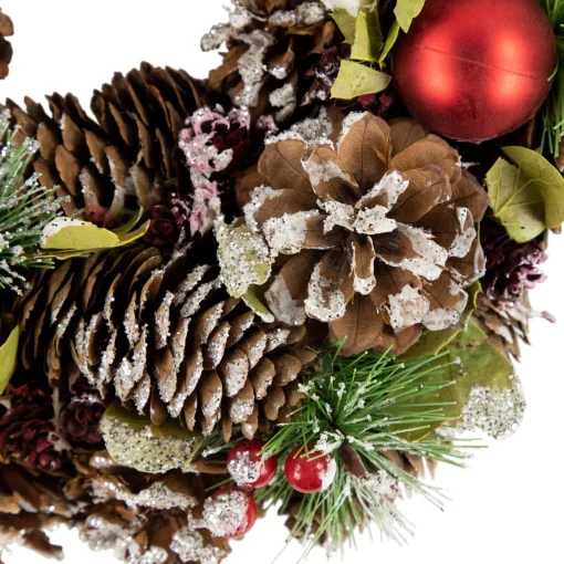 Discount Red Ornament with Frosted Pinecone and Pine Needle Christmas Wreath, 13.5-Inch, Unlit Unlit