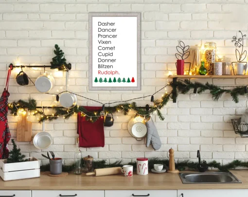 Online Reindeer Names 15.5" x 21.5" Framed Christmas Wall Decor Art Print Sign Poster in a White Wooden Frame with UV Acrylic and Hangers Wall