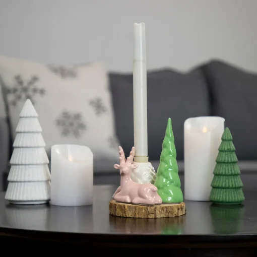 Clearance Reindeer with Tree and Pine Cone Christmas Taper Candle Holder - 6" Candle Holders