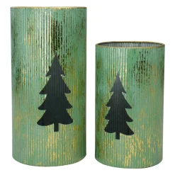 New Rustic Christmas Tree Candle Lanterns - 12" - Green and Gold - Set of 2 Lanterns