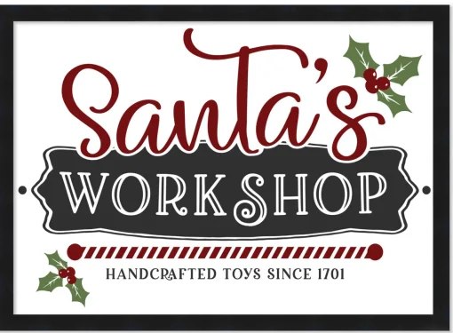 New Santa's Workshop Handcrafted Toys 14.5" x 20.5" Framed Christmas Wall Decor Art Print Sign Poster in a Black Wooden Frame with UV Acrylic and Hangers Wall