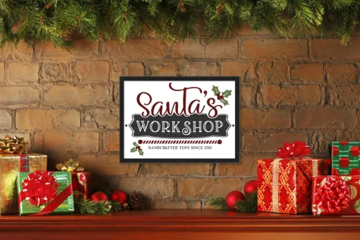 New Santa's Workshop Handcrafted Toys 14.5" x 20.5" Framed Christmas Wall Decor Art Print Sign Poster in a Black Wooden Frame with UV Acrylic and Hangers Wall