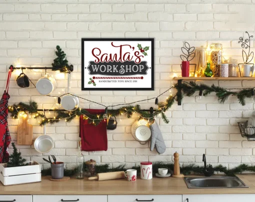New Santa's Workshop Handcrafted Toys 14.5" x 20.5" Framed Christmas Wall Decor Art Print Sign Poster in a Black Wooden Frame with UV Acrylic and Hangers Wall