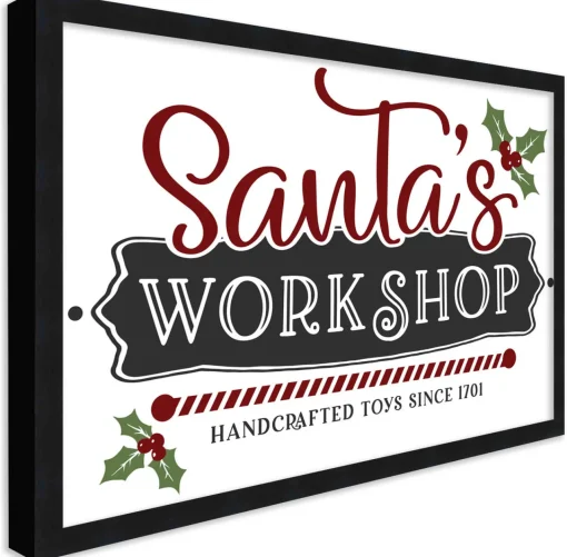 New Santa's Workshop Handcrafted Toys 14.5" x 20.5" Framed Christmas Wall Decor Art Print Sign Poster in a Black Wooden Frame with UV Acrylic and Hangers Wall