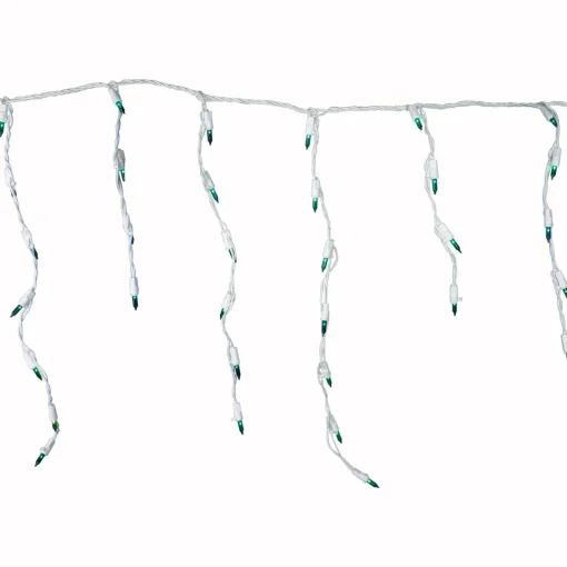 Discount Set of 100 Green Everglow Icicle Christmas Lights, 6.6' White Wire Icicles